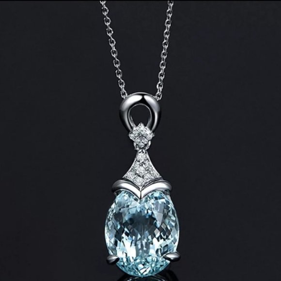 *925 Sterling Silver Aquamarine Diamond Necklace